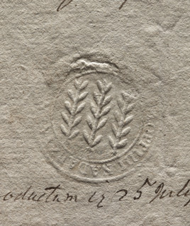 Round imprint of the seal of the town of Nadarzyn. Three vertically positioned branches. Illegible