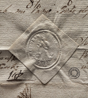 Oval seal impression of the town of Nowy Targ, Kraków Voivodeship. St. Catherine of Alexandria in a