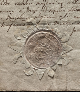 Round seal impression of Warsaw - Nowe Miasto. Richly decorated shield with illegible coat of arms.