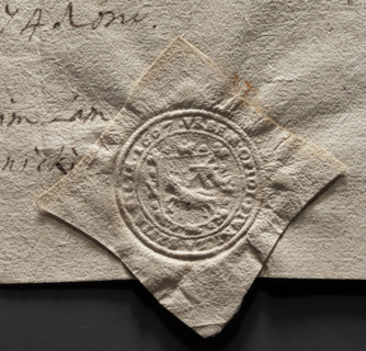 Round seal impression of the town of Piwniczna. On a Baroque shield, a lamb turned to the right,