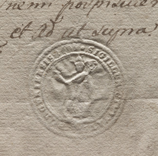 Round imprint of the seal of the town of Podgórze. Figure of a bishop in a miter holding a crosier.