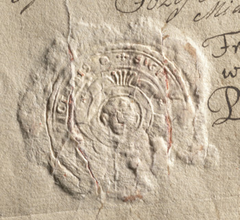 Round seal impression of the town of Proszowice, Kraków Voivodeship. In a round, baroque cartouche