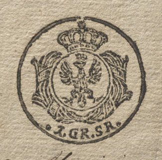 Round seal impression of the town of Proszowice, Kraków Voivodeship. In a round, baroque cartouche