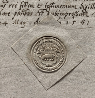 Round seal impression of the town of Przemysl, Ruthenian Voivodeship. In a decorative cartouche a