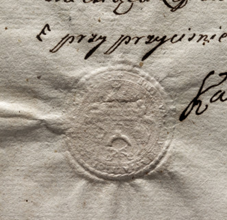 Round imprint of the seal of the town of Praga near Warsaw. The upper part of the drawing is