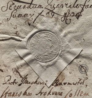 Round seal impression of the town of Raków. Oval cartouche with an illegible drawing of a crayfish