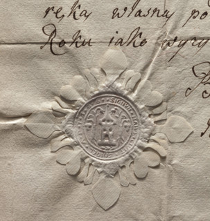 Round imprint of the city seal of Smigiel, Poznan Voivodeship, 1586. Round stamp showing a tower