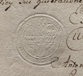 Round seal imprint of the town of Srem, Poznan Voivodeship. Round seal showing a city gate in a