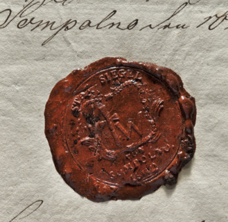 Round wax seal impression of the town of Sompolno, Konin Voivodeship. In a decorative rectangular