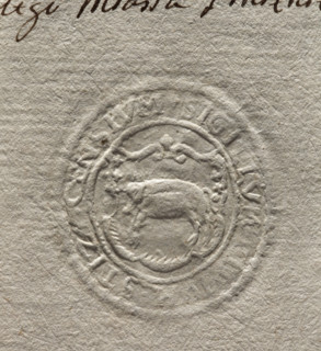 Oval seal impression of the town of Stezyca. In a decorative cartouche, a pig facing right.