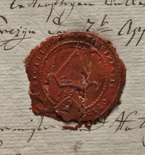 Round wax impression of the seal of the town of Tarczyn. In the central field a bishop's mitre;