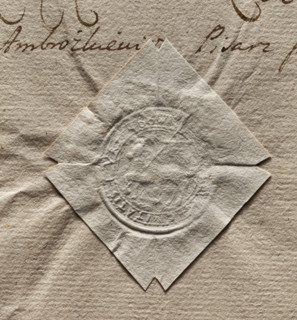 Round dry impression seal of the town of Urzedowa, Lublin Voivodeship (1782). Round seal with a