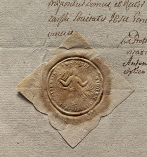 Round impression of the seal of the city of Warsaw. A mermaid with wings, a tail and legs of a