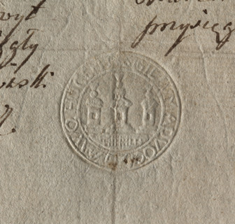 Round dry impression of the town seal of Wachock (1794). Circular seal showing a city wall with