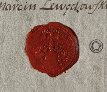 Round seal impression of the town of Wagrowiec, Pila Voivodeship. Coat of arms with an illegible