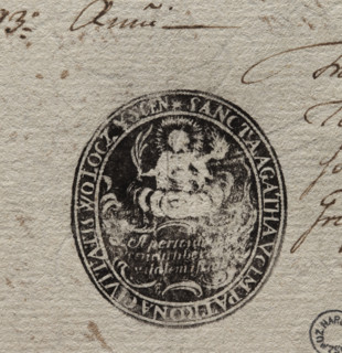 Oval ink print of the seal of the town of Woloczyska, Volhynian Voivodeship, Krzesieniecki County.