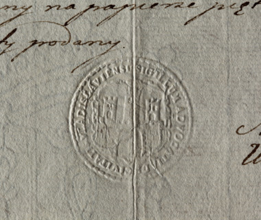 Round impression of the city seal of Wloclawek. City wall with an open gate, battlements and three
