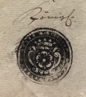 Round ink print of the seal of the town of Zagórów, Konin Voivodeship. In a decorative cartouche