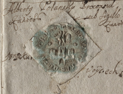 Round dry impression of the city seal of Zawichost (1673). Round seal showing a city wall with an