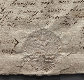 Imprint of the seal of the town of Zarnowiec. In the central field, three crowns (1 and 2). In the