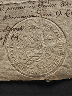 Round imprint of the seal of the General Crown Confederation. In a decorative cartouche, a crowned