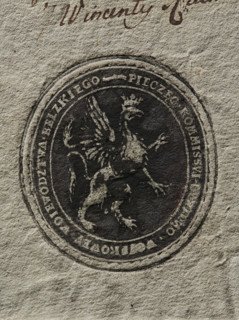 Oval ink print of the seal of the Civil-Military Commission of the Belz Voivodeship. Griffin turned