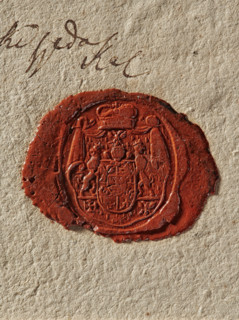 Oval wax seal impression of Prince August Kazimierz Sulkowski (1729–1786). Under the mitre, on an