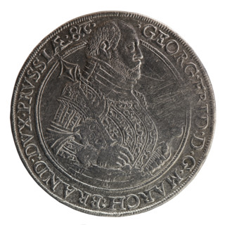 Thaler (Gulden), 1586. Obverse: half-figure of Jerzy Fryderyk (Duke of Karniów; 1539–1603) in