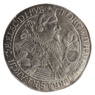 Half thaler, 1636. Obverse: torso facing right in collar and decorative armour, girded with a sash,