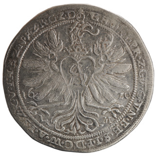 Thaler; obverse: torso facing right in a ruff and decorative armor girded with a sash, a scepter in