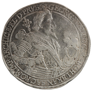 Thaler, Koch, Dawid, publisher Ernest Pfahler. Male bust in armour; coats of arms. George William