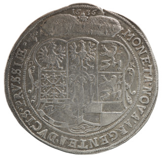 Thaler; Ernest Pfahler, Koch, Dawid, publisher; coats of arms; male busts in armour; George William