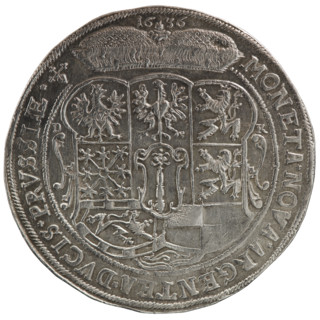 Thaler; male bust in armour, coats of arms; George William Hohenzollern (Elector of Brandenburg;