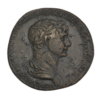 Sestertius, Trajan (53–117; Roman emperor 98–117). Obverse: bust of Trajan with laurel wreath and