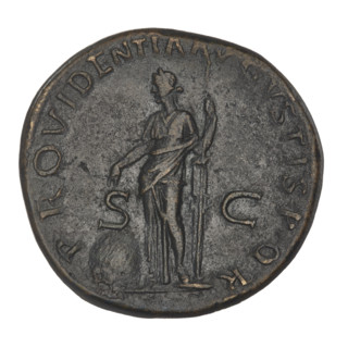 Sestertius, Trajan (53–117; Roman emperor 98–117). Obverse: bust of Trajan with laurel wreath and