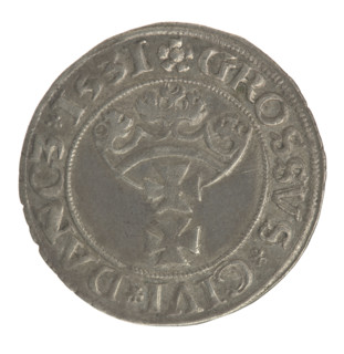 Gdansk grosz, Sigismund I the Old (King of Poland; 1467–1548), grosz coin, Gdansk, 1531. Obverse: