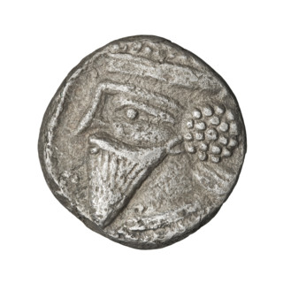 Tetradrachm of Vologases IV (king of the Parthians; 147–191). Obverse: bust of Vologases IV wearing