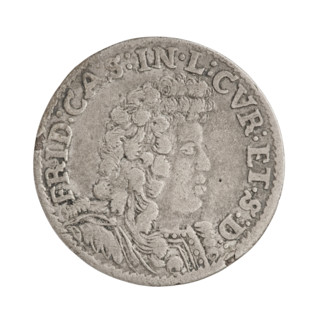 Obverse: In the border a male bust in armor and a wig turned to the right, separating the