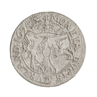 Obverse: In the border, a male bust in armor and a wig turned to the right, separating the