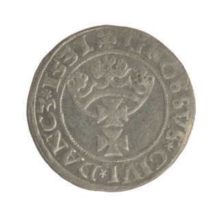 Gdansk grosz, Sigismund I the Old (King of Poland; 1506–1548). Obverse: Crowned male bust in