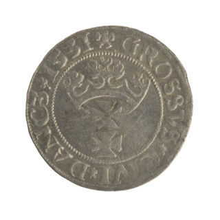 Gdansk grosz, Sigismund I the Old (King of Poland; 1506–1548). Silver coin (1531). Obverse: Crowned