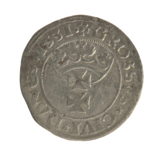 Gdansk grosz, Sigismund I the Old (King of Poland; 1506–1548). Silver coin, 1531. Obverse: Crowned