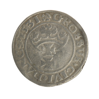 Gdansk grosz, Sigismund I the Old (King of Poland; 1506–1548). Silver coin (1531). Obverse: Crowned