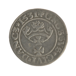 Gdansk grosz, Sigismund I the Old (King of Poland; 1506–1548). Obverse: Crowned male bust in