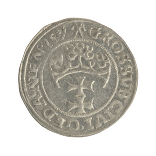 Gdansk grosz, Sigismund I the Old (King of Poland; 1506–1548). Silver coin (1539). Obverse: Crowned