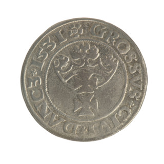 Gdansk grosz, Sigismund I the Old (King of Poland; 1506–1548). Silver coin (1531). Obverse: Crowned