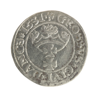 Gdansk grosz, Sigismund I the Old (King of Poland; 1506–1548). Polish coin, Jagiellon dynasty.
