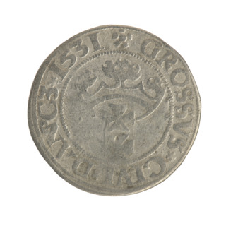 Gdansk grosz, Sigismund I the Old (King of Poland; 1506–1548). Polish coin (1531). Obverse: Crowned