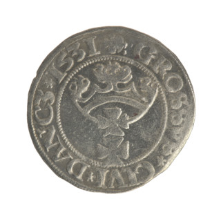 Gdansk grosz, Sigismund I the Old (King of Poland; 1506–1548). Polish coin, Jagiellon dynasty.