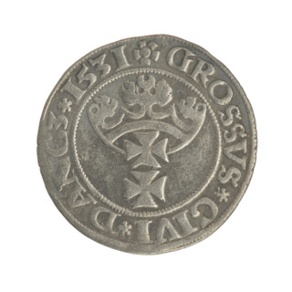 Gdansk grosz, Sigismund I the Old (King of Poland; 1506–1548). Polish coin, Jagiellon dynasty.